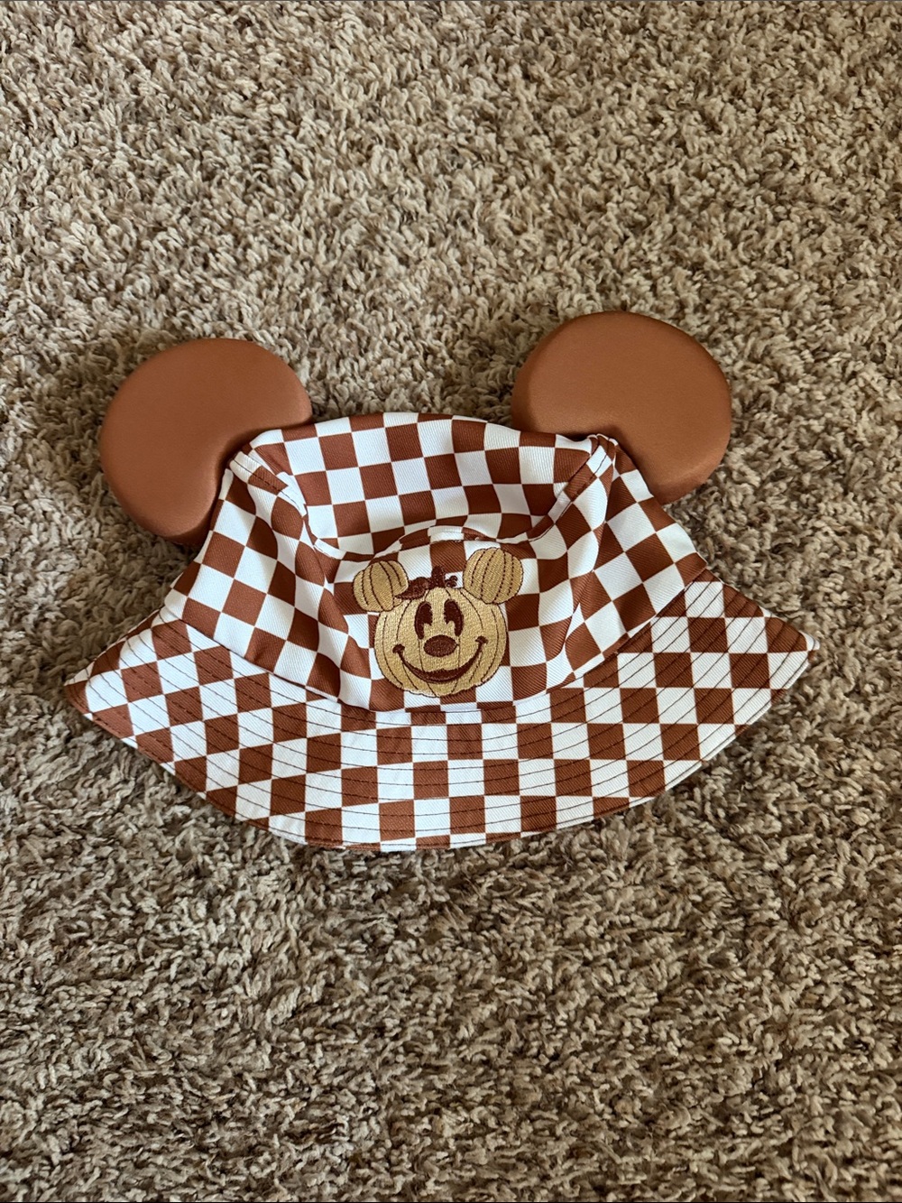 NEVER WORN Disney fall/pumpkin Brown Checkered Bucket Hat with Ear Detail